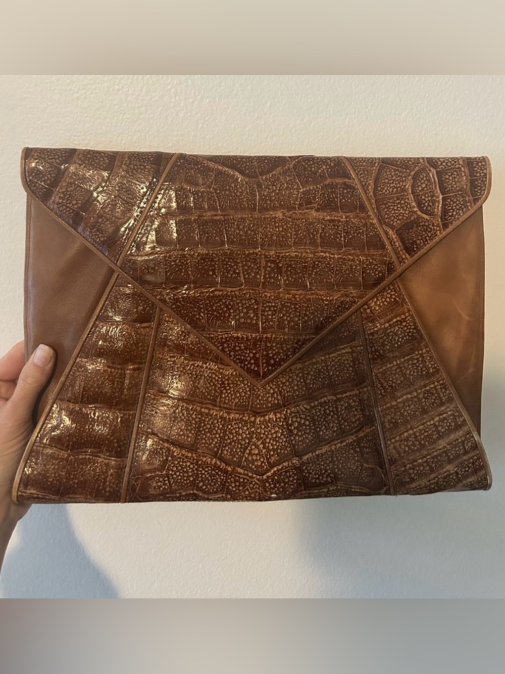 Marianna Vintage Crocodile Embossed Brown Leather Clutch
